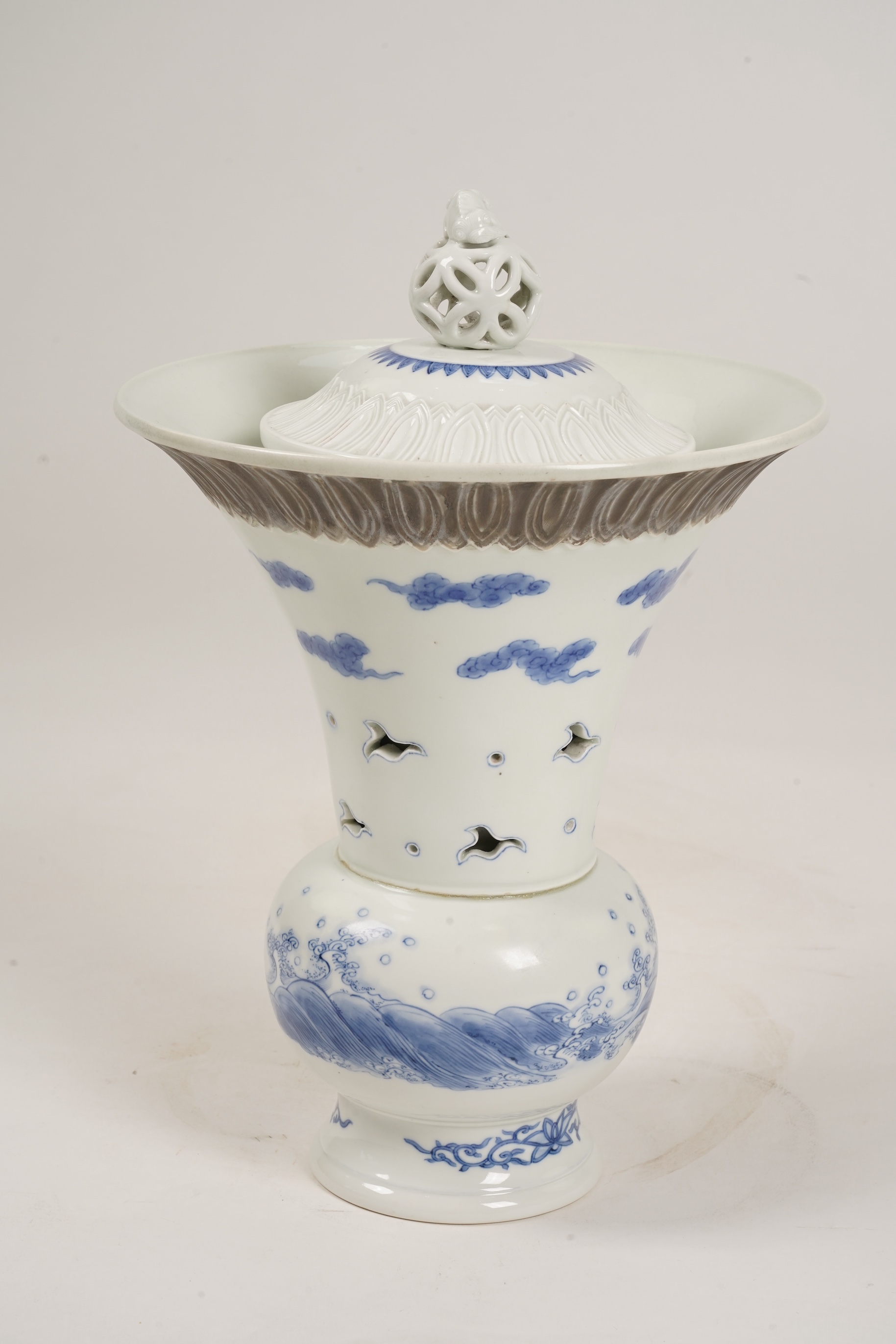 A large Japanese Hirado double walled blue and white vase and cover, 19th century